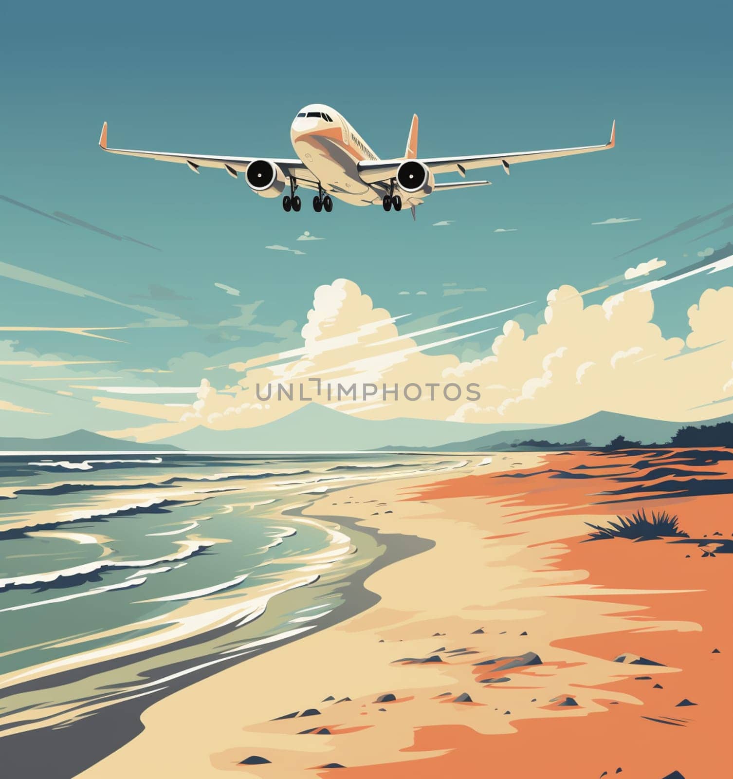 Big airplane fly in the sky over seascape background. High quality photo