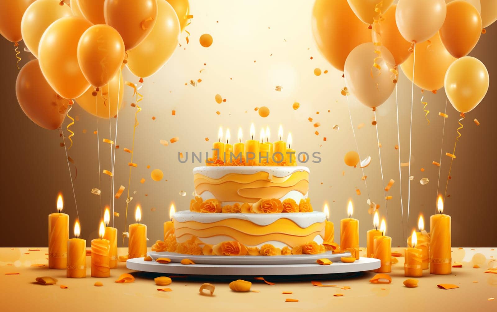 Cream cupcake with a candle, Greeting colorful card happy birthday to a child, birthday cupcake with candles and birthday decorations. High quality photo