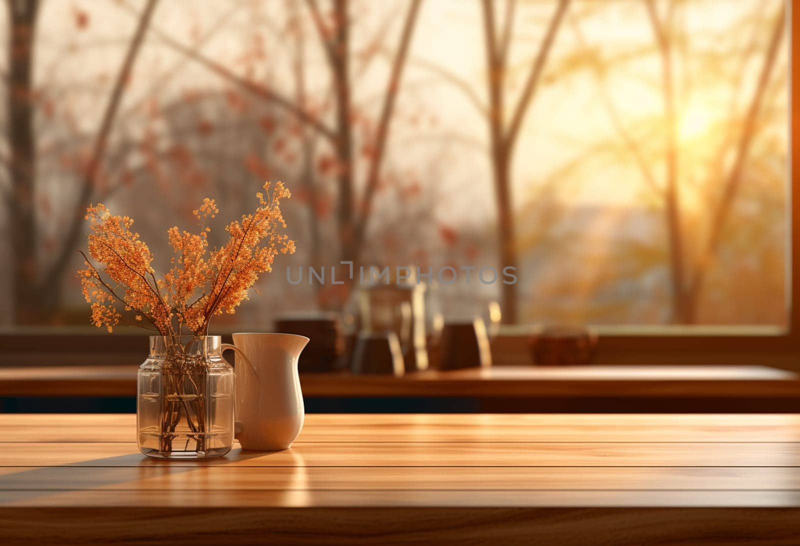 Flowers in a transparent vase are on the table. Flowers in a small vase. Flowers on the table in the restaurant. High quality photo