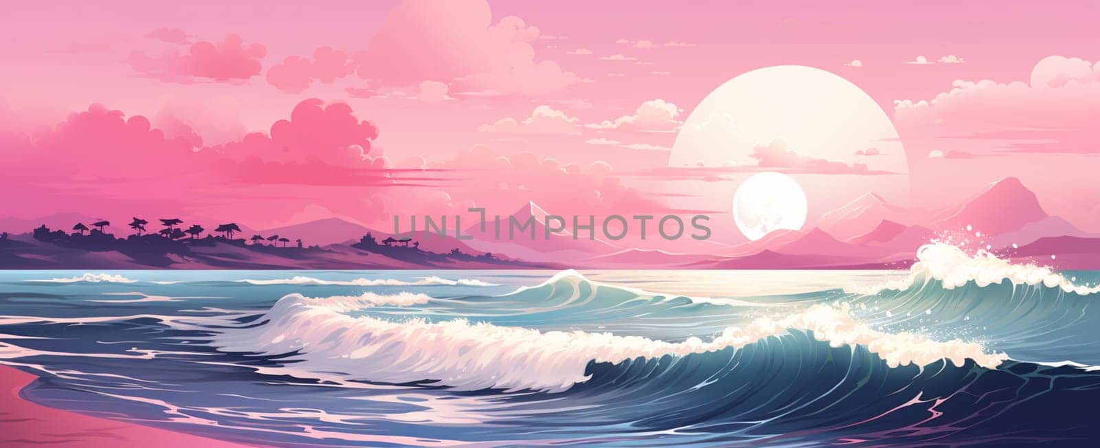 Summer sea sunset landscape flat art illustration, retro vintage poster, cartoon colorful flat illustration. High quality photo
