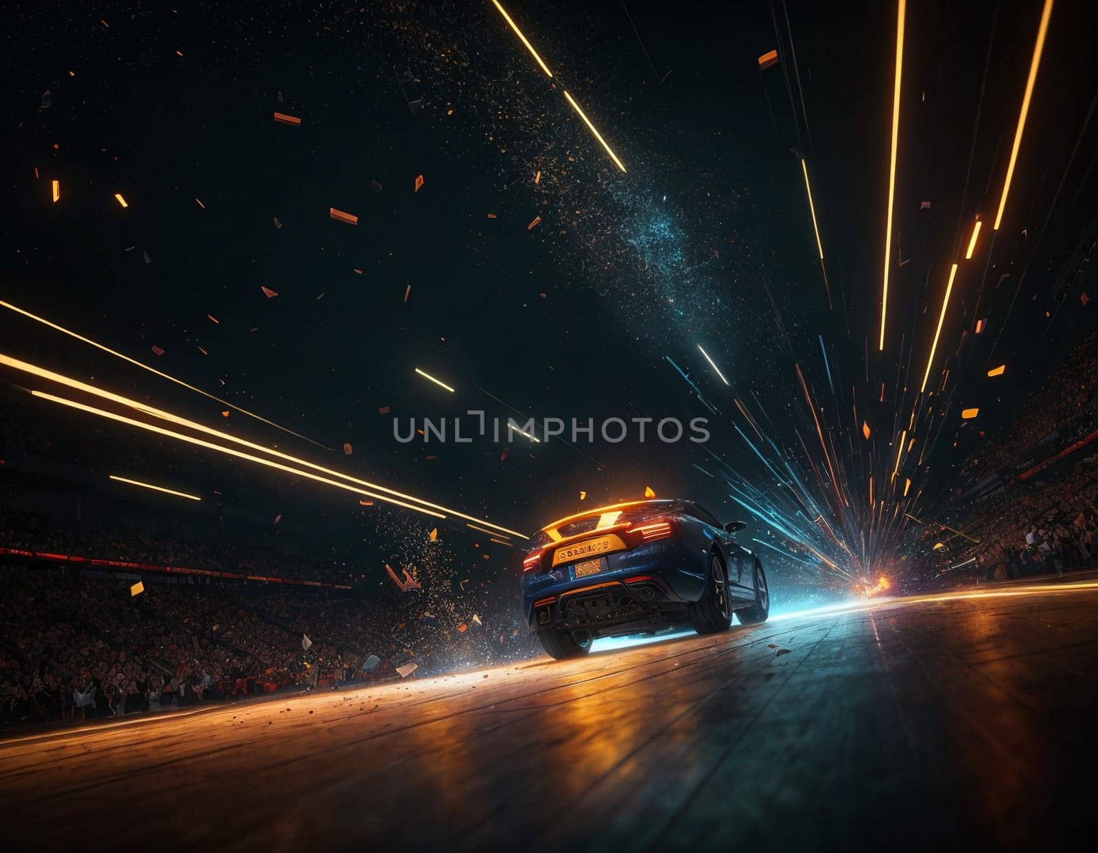 A car driving down a city street at night, photorealism, cinematic, outrun