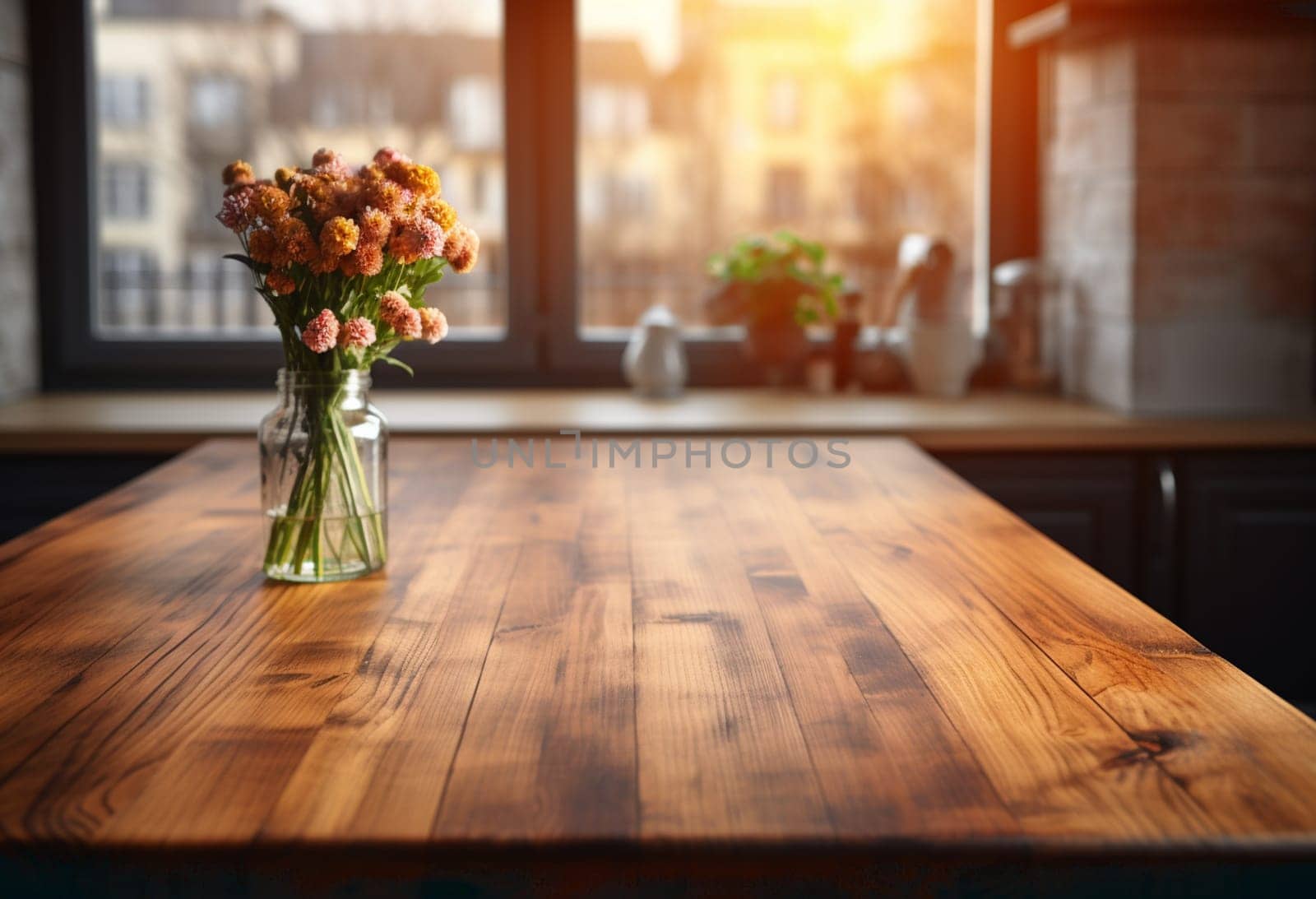 Flowers in a transparent vase are on the table. Flowers in a small vase. Flowers on the table in the restaurant. High quality photo