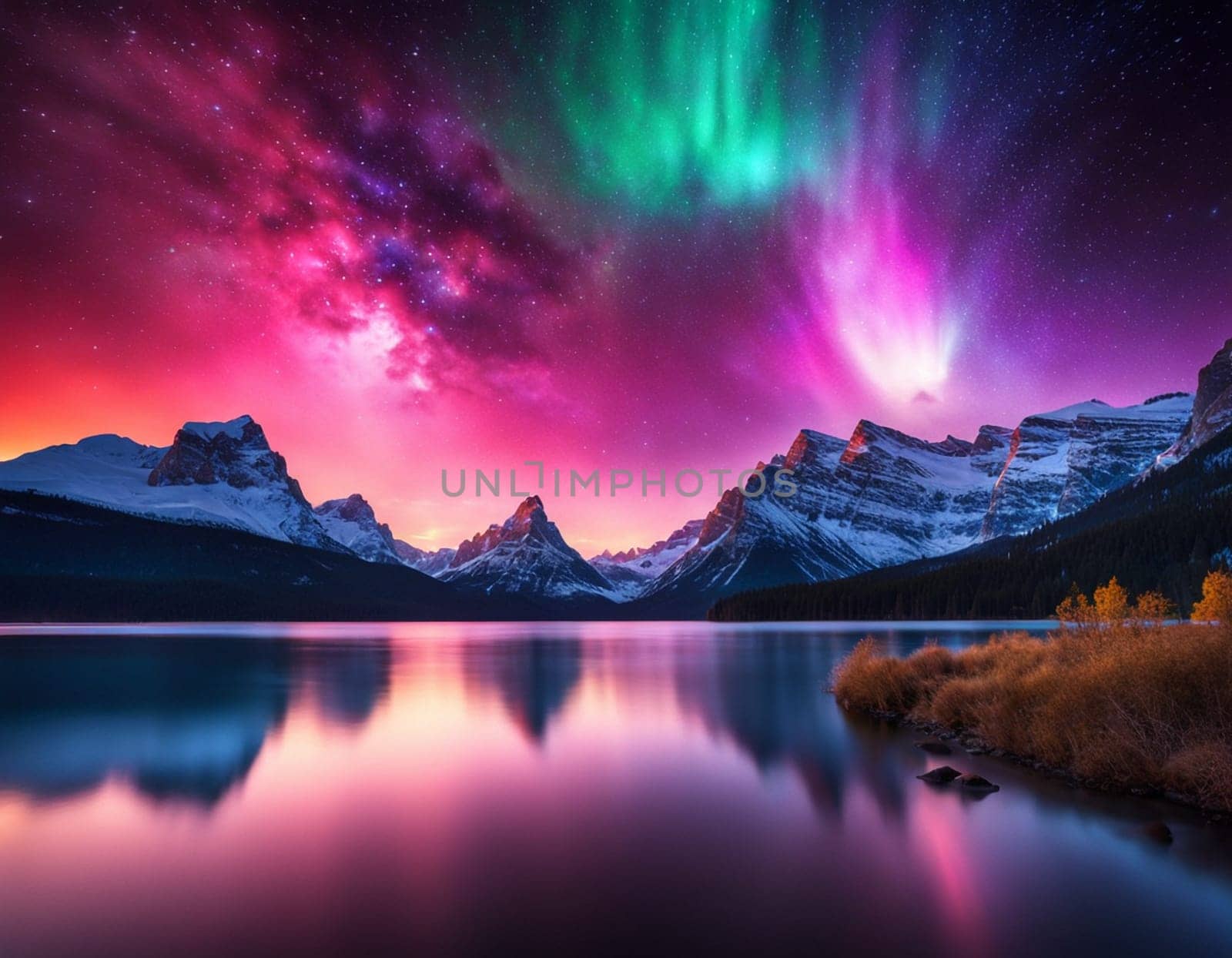 Colorful landscape and red northern lights on the starry sky. High quality illustration
