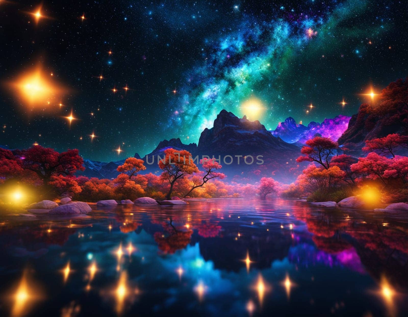 A beautiful landscape with mountains and stars in the sky. Colorfun Neon light. High quality illustration