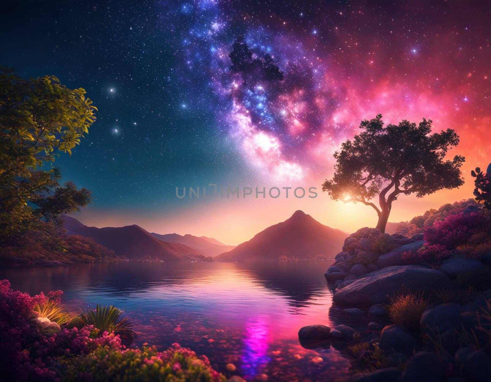 A beautiful landscape with mountains and stars in the sky. Colorfun Neon light. High quality illustration