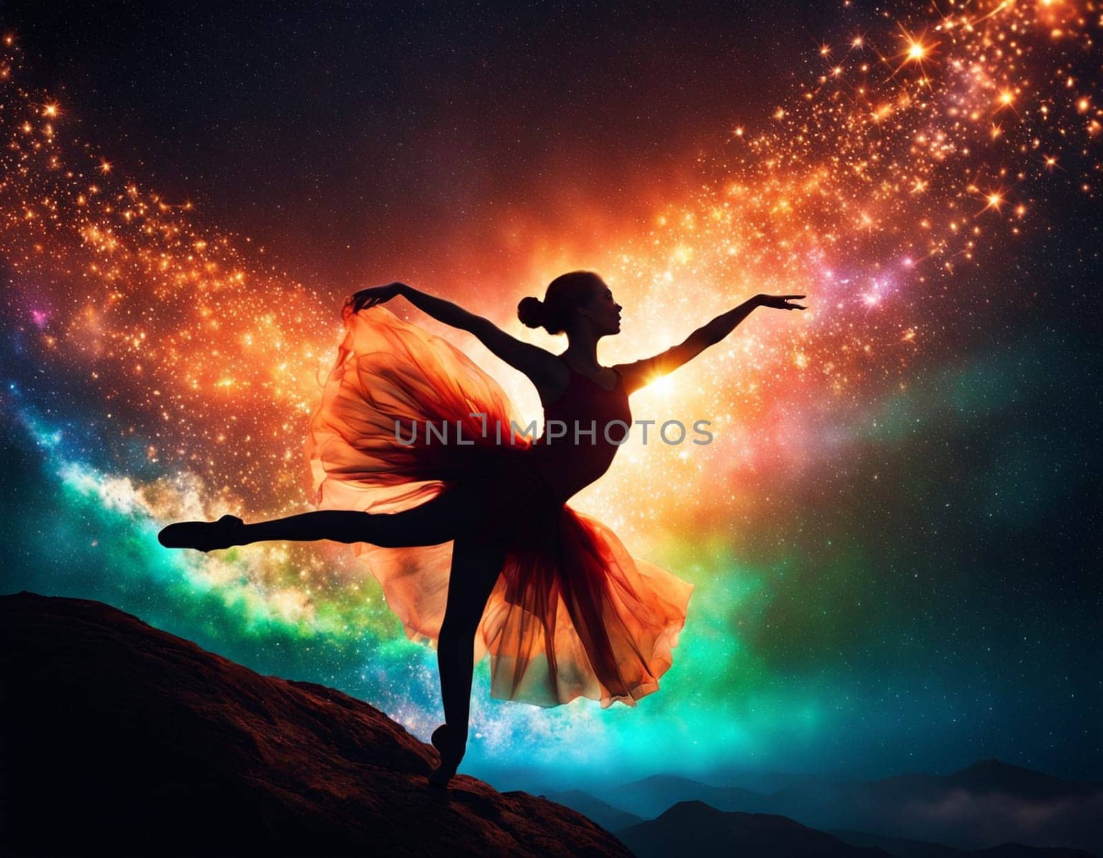 A ballerina on a colorful background of shimmering particles by NeuroSky