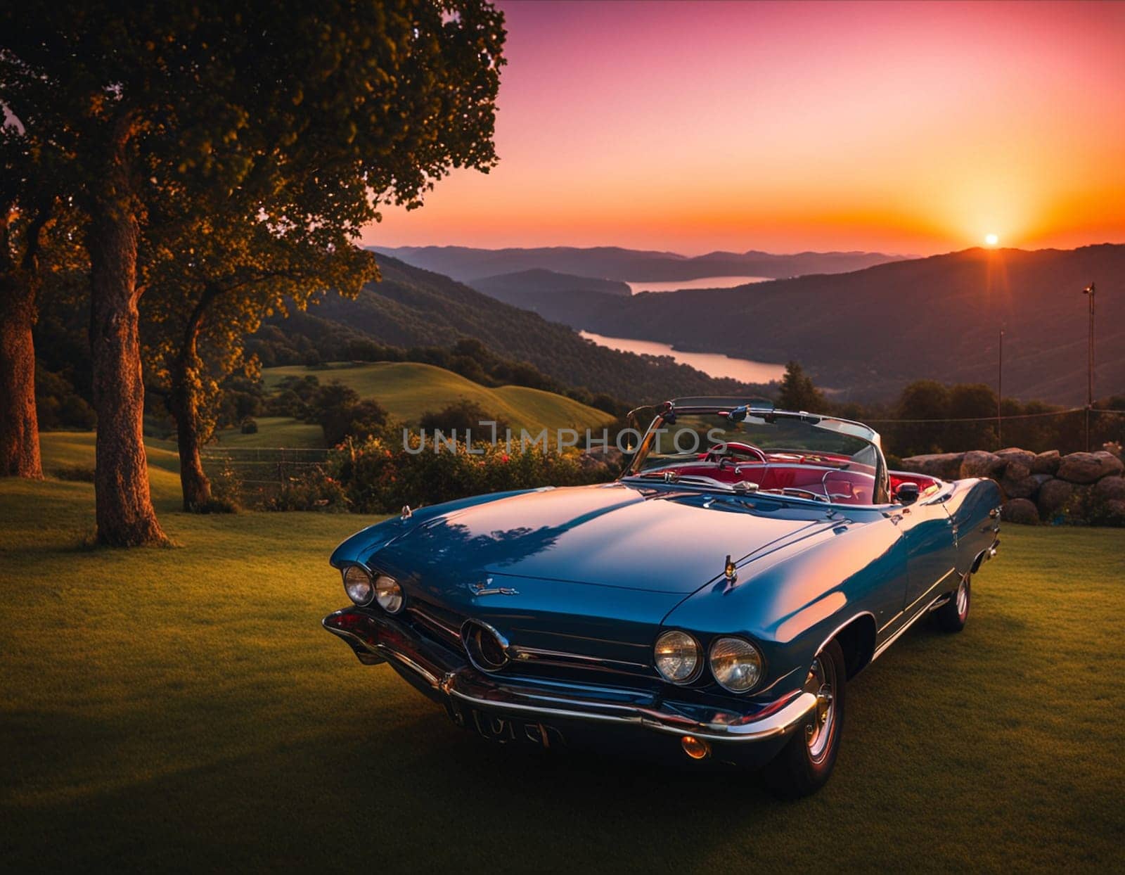 A classic car parked in the grass at sunset. High quality illustration