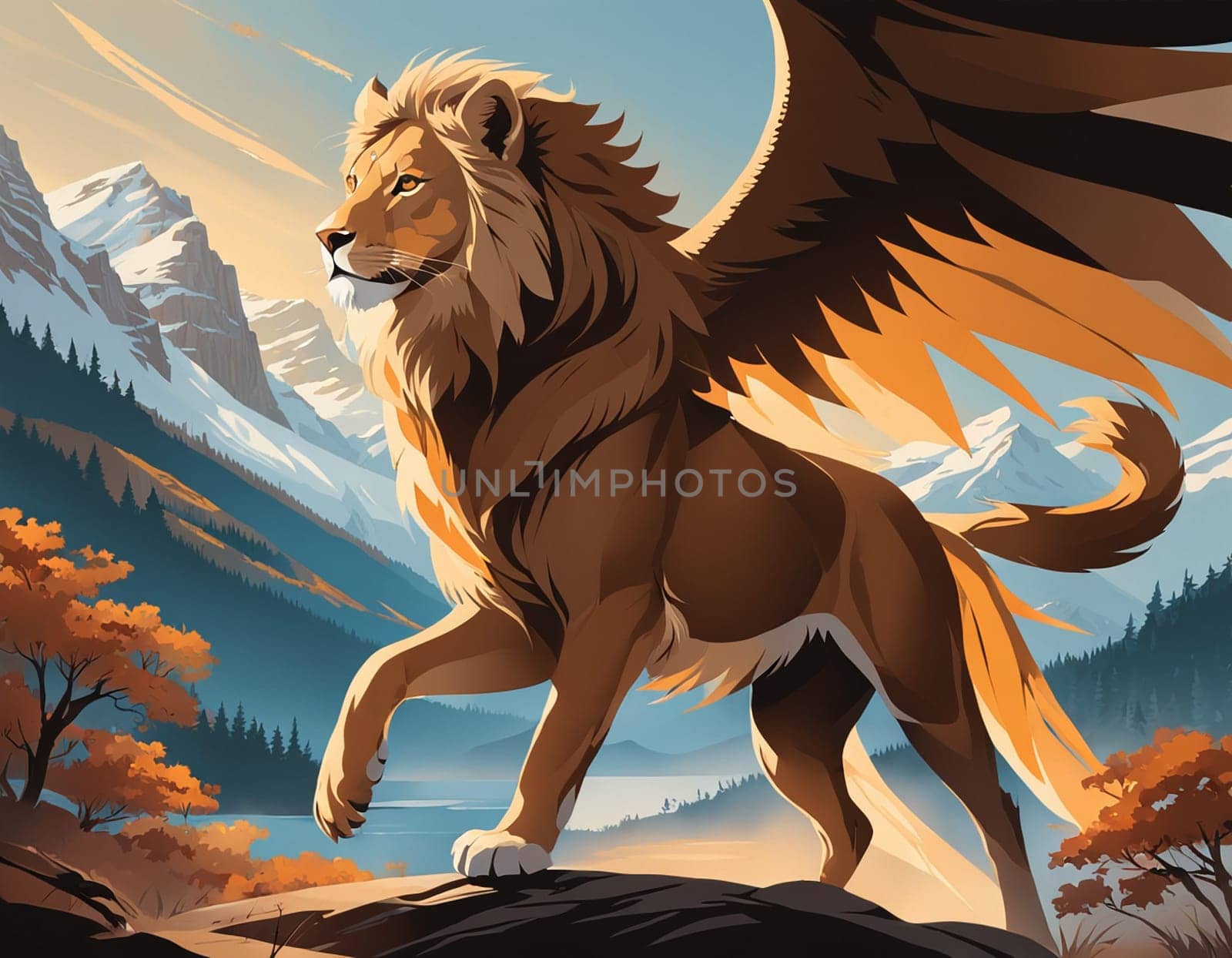 A magic lion with wings standing on top of a mountain, majestic