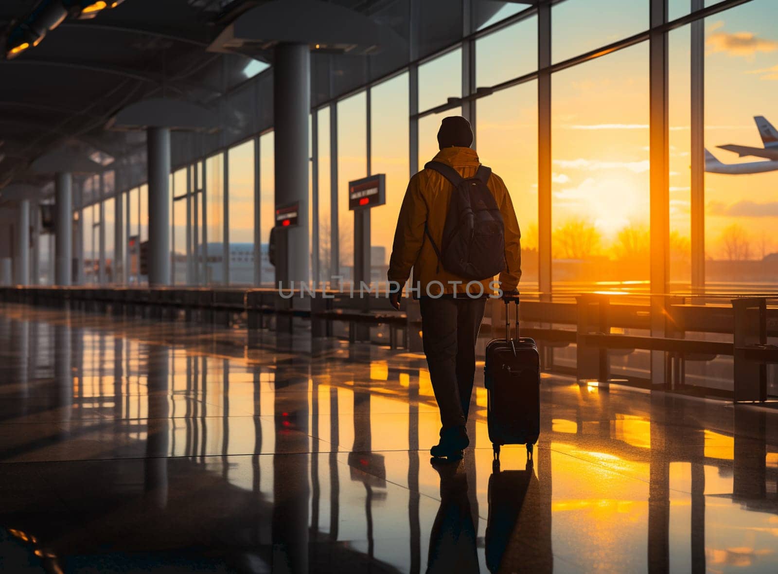 Silhouette of some tourists walking inside an airport terminal during a stunning sunset. Travel concept during the Covid-19 pandemic. High quality photo