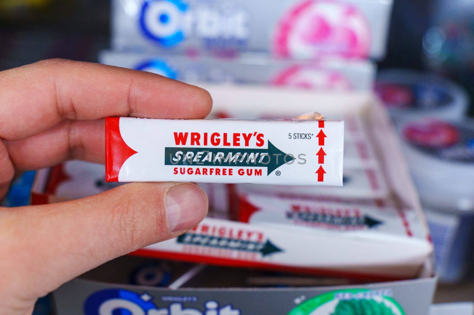 Tyumen, Russia-November 25, 2023: Spearmint chewing gum made by Wrigley. Selective focus