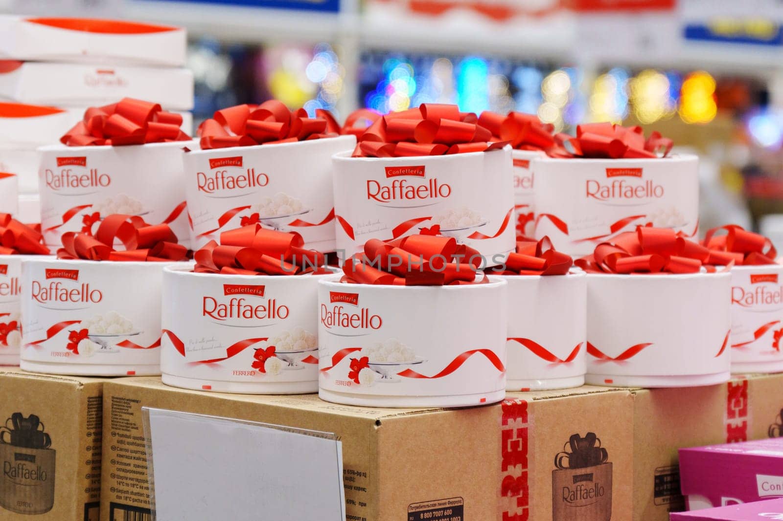 Tyumen, Russia-December 11, 2023: Raffaello is a coconut almond confection that manufactured by Ferrero. Selective focus