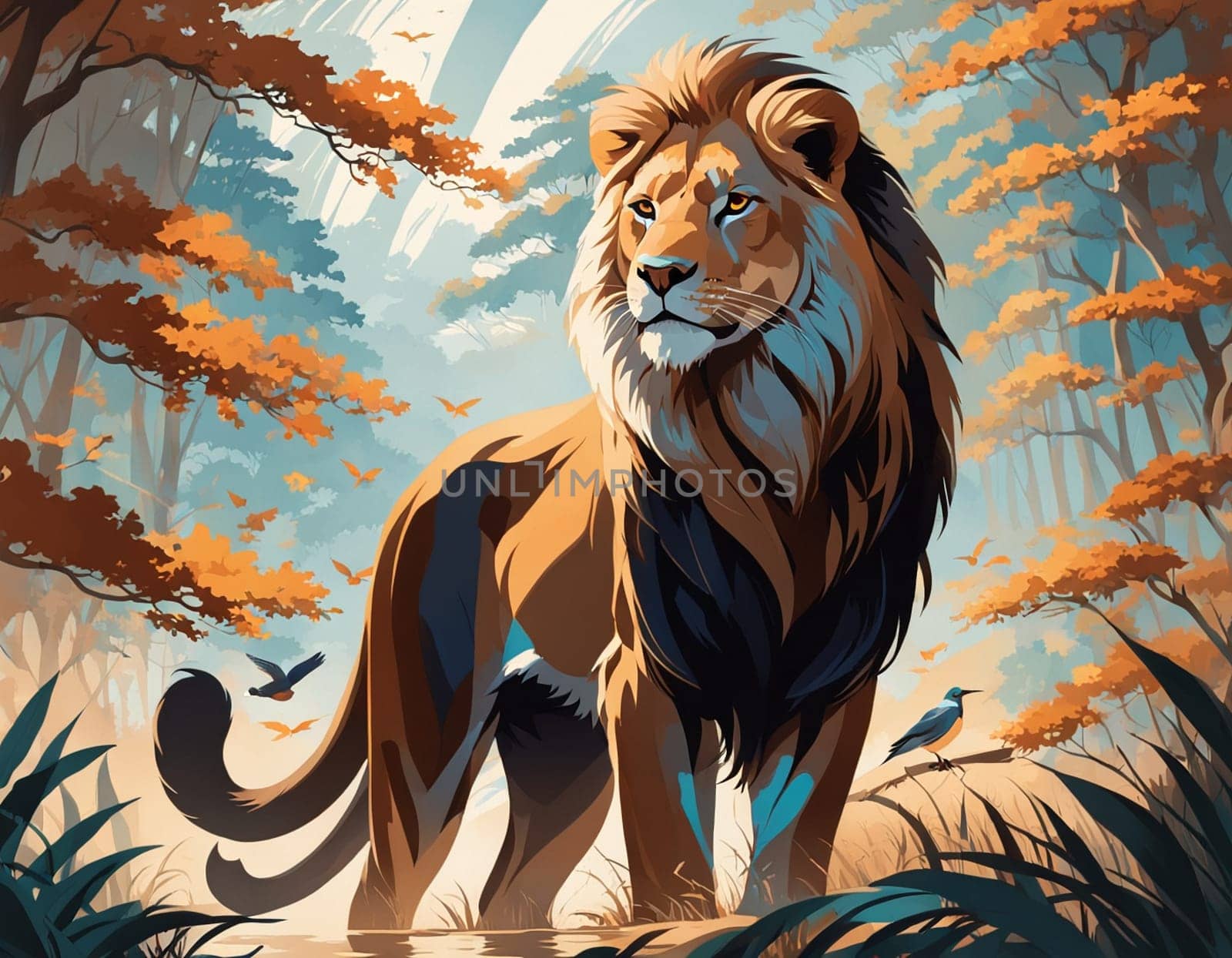 A lion standing in the middle of a forest. High quality illustration
