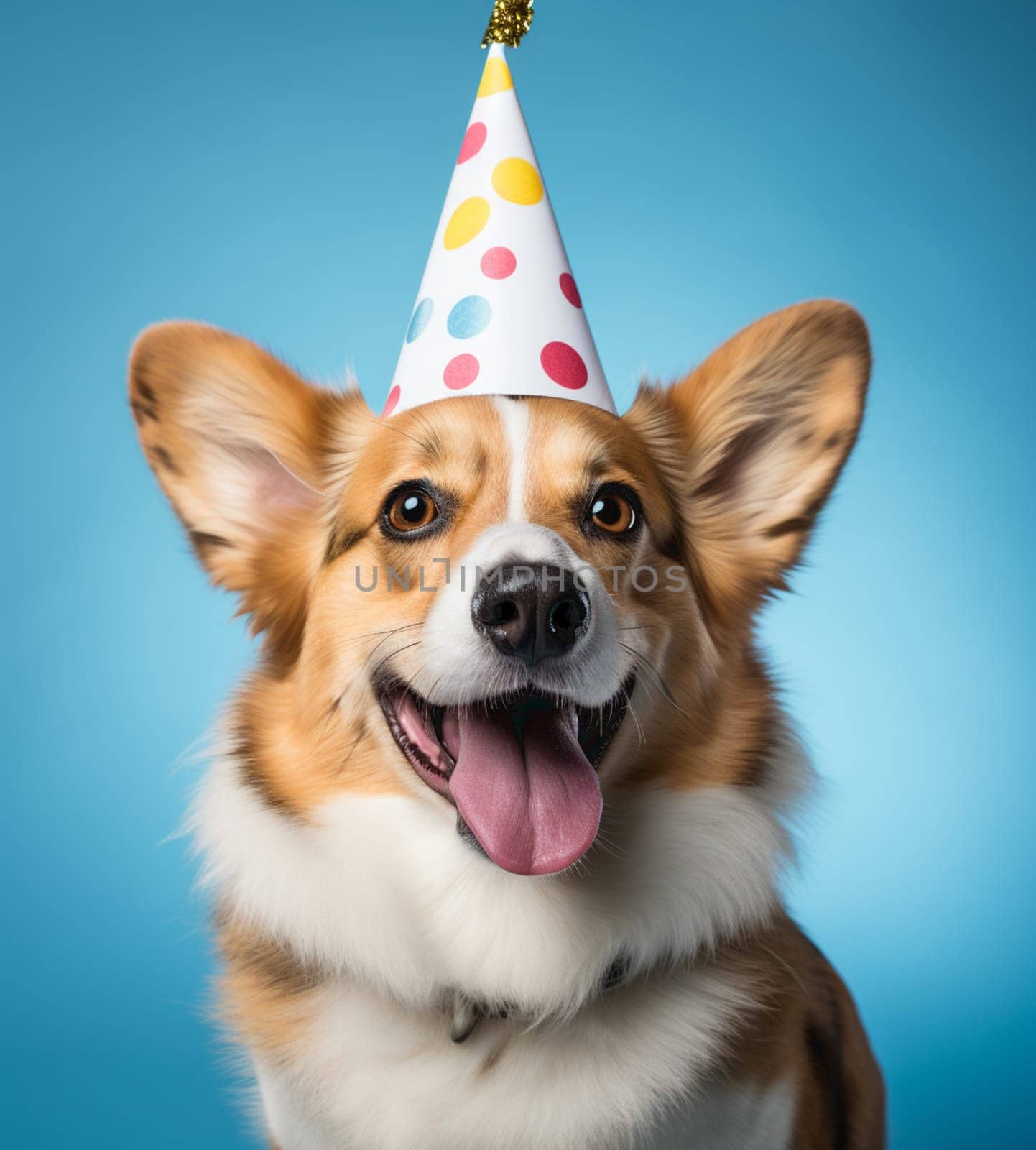 Mixed breed dog with a party hat. Studio shooting. High quality photo