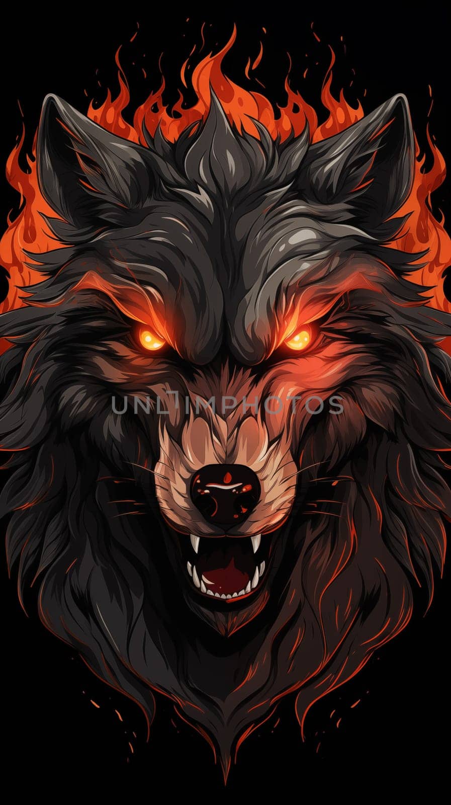 Head of an evil burning wolf, with open mouth, and burning eyes by Zakharova