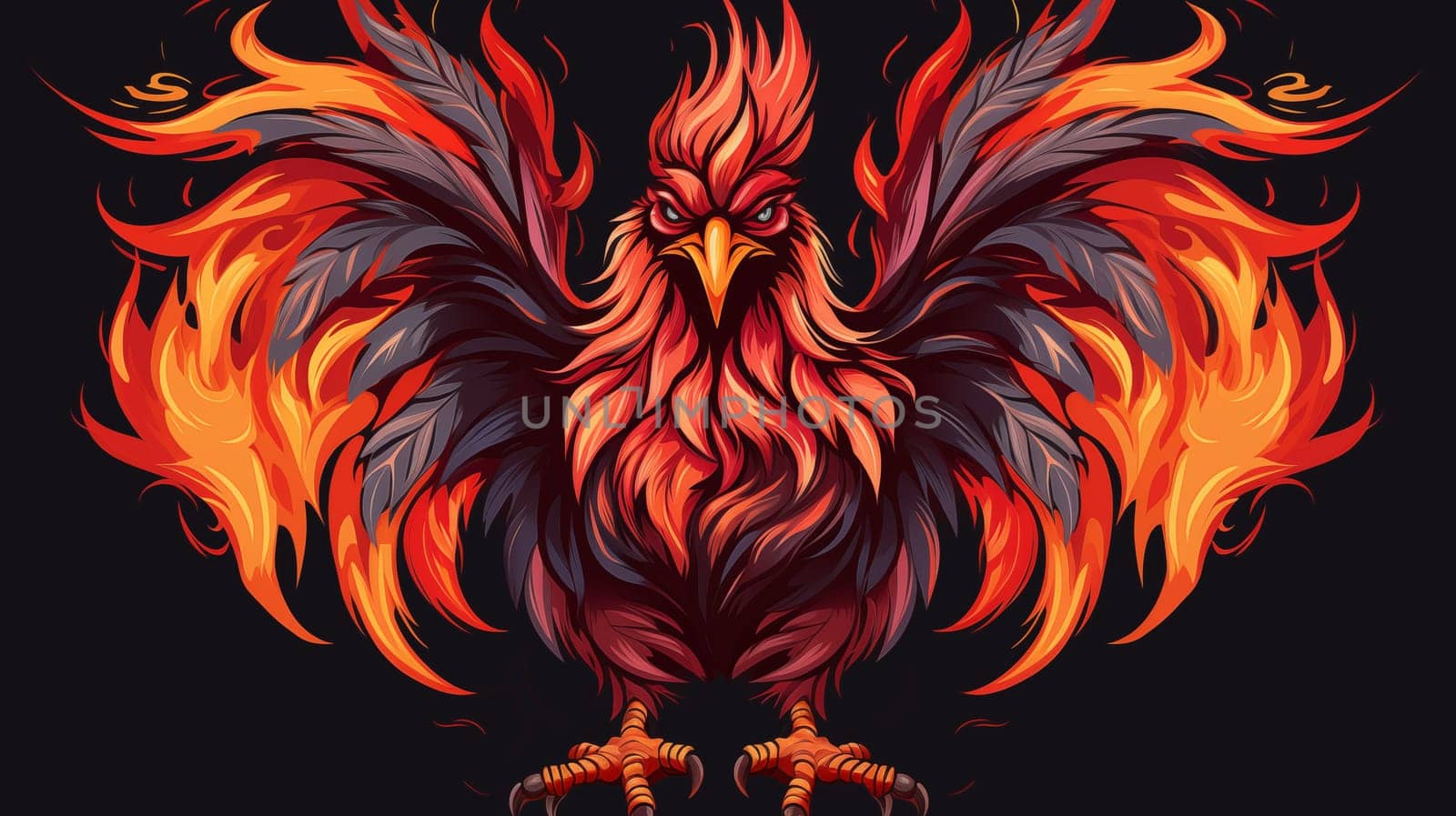 Angry burning rooster stands on a black background, with his wings spread,cartoon style by Zakharova