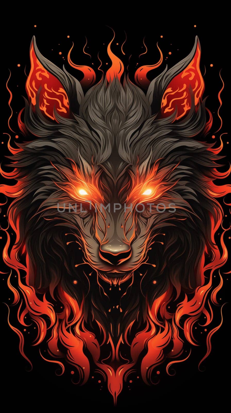 Close up of head of burning wolf with burning eyes, on black background, cartoon style, front view. Vertical