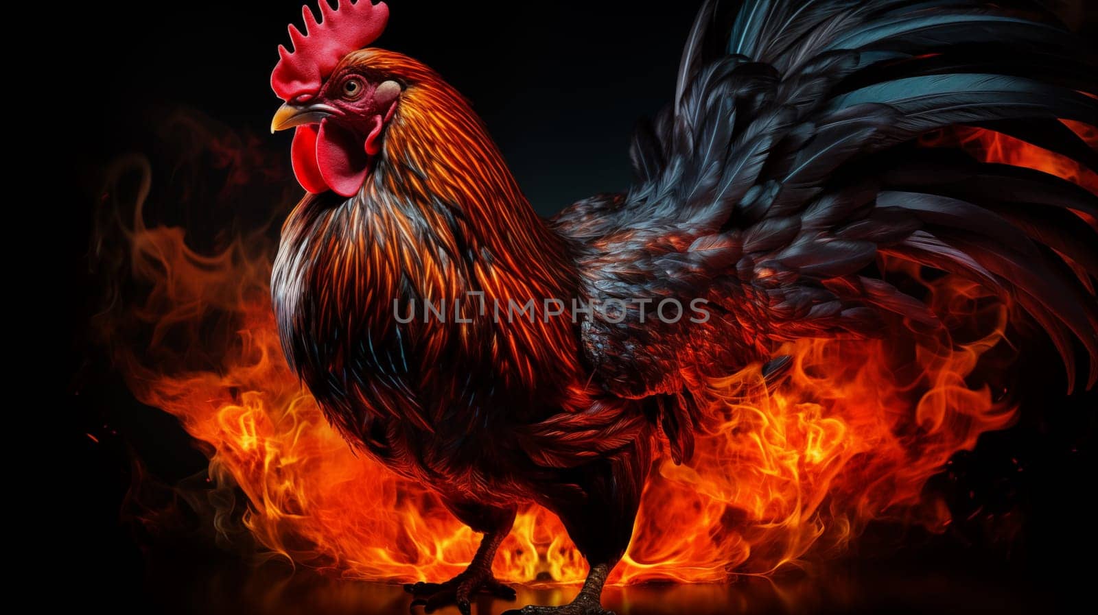Black rooster standing on fire background, on black background.