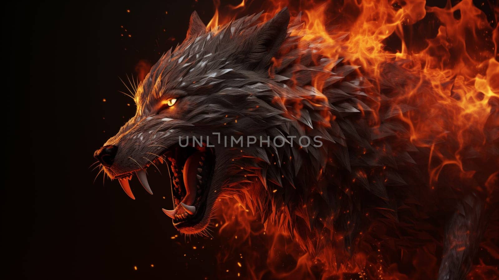 Head of an evil wolf, with open mouth, on fire, on black background, side view.