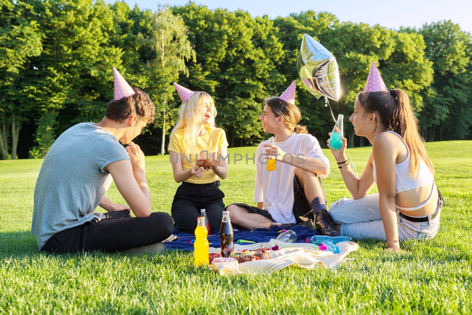 Teenage birthday party picnic on the grass in the park. A group of teenagers having fun, congratulating the girl on her 17th birthday. Age, adolescence, holiday, fun, birthday concept