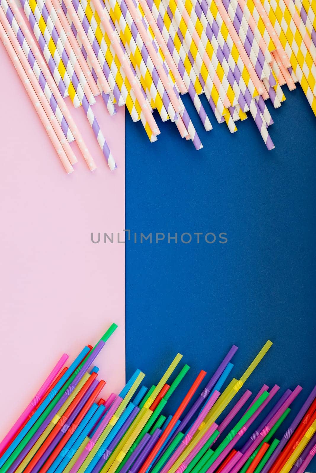 Background for a banner with paper and plastic tubes isolated on colorful background. Frame with cocktail straws. Party banner, cocktails bar. Elegant paper drinking straws. copy space by YuliaYaspe1979