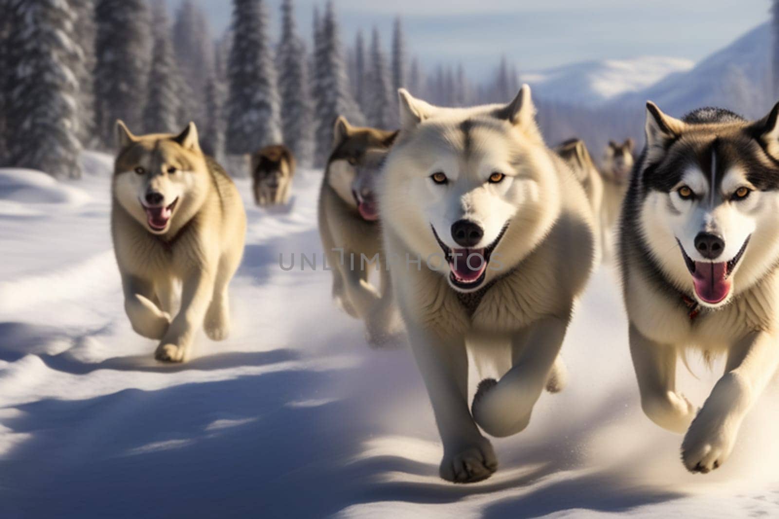 A team of husky sled dogs runs along a snowy wild road. Sleigh ride with a husky through the winter countryside. Husky dogs in a team in a winter landscape. by Ekaterina34