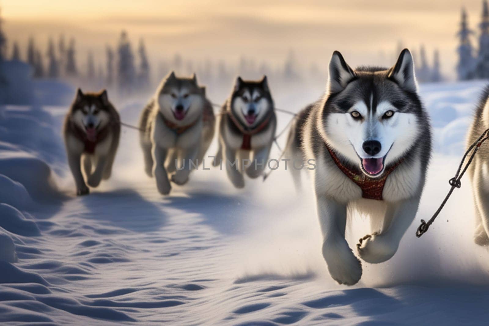 A team of husky sled dogs runs along a snowy wild road. Sleigh ride with a husky through the winter countryside. Husky dogs in a team in a winter landscape