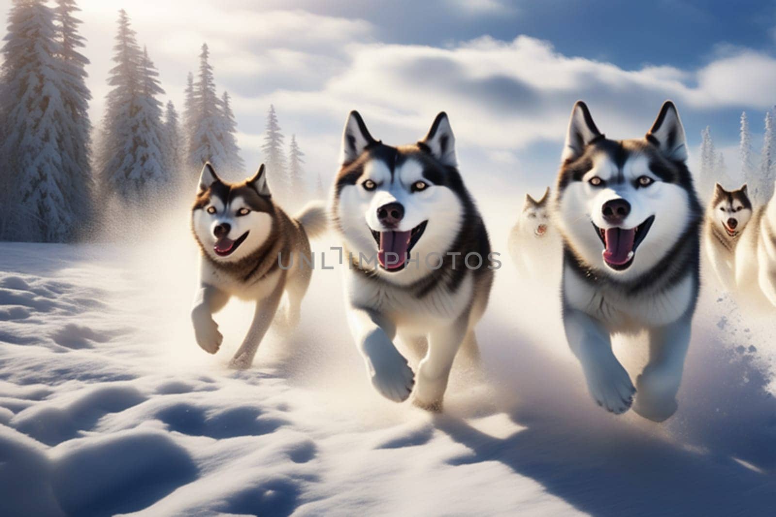 A team of husky sled dogs runs along a snowy wild road. Sleigh ride with a husky through the winter countryside. Husky dogs in a team in a winter landscape. by Ekaterina34