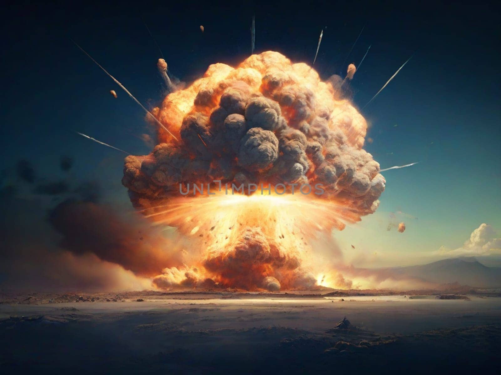 Terrible explosion of a nuclear bomb with a mushroom in the desert. Hydrogen bomb test. Nuclear catastrophe by Ekaterina34