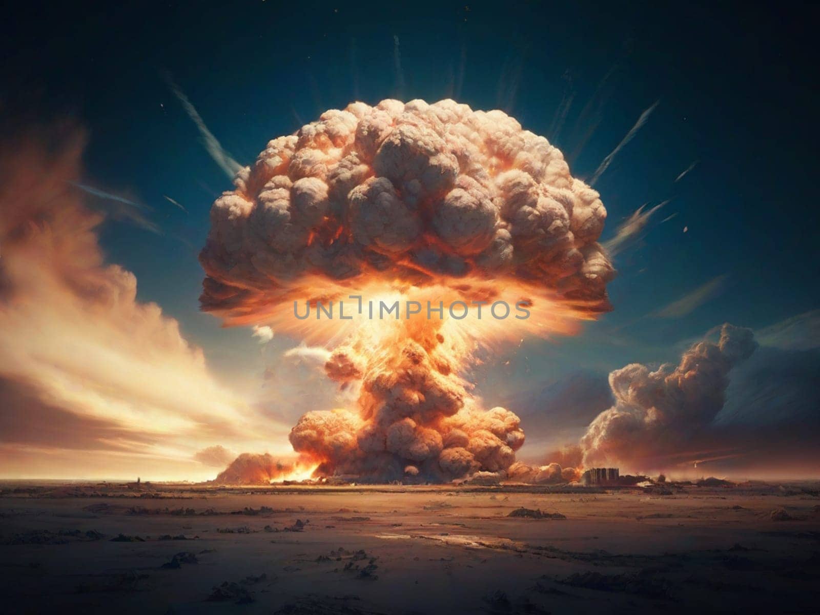 Terrible explosion of a nuclear bomb with a mushroom in the desert. Hydrogen bomb test. Nuclear catastrophe.