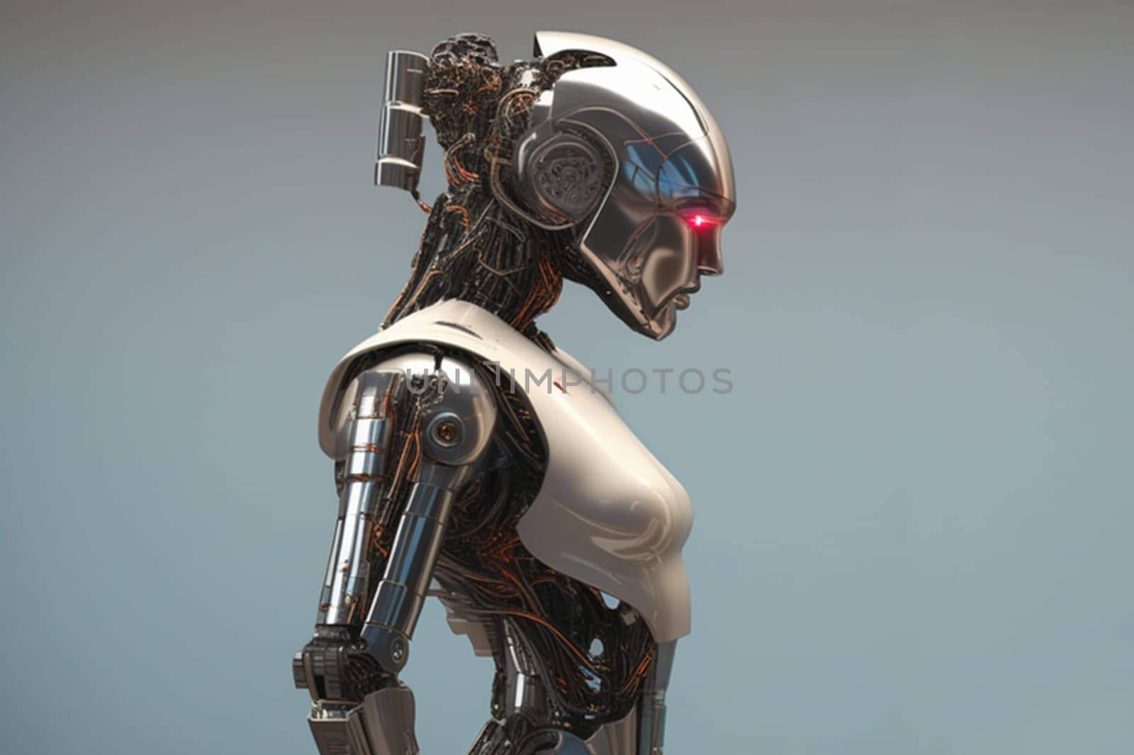 Cybernetic robot head close up: futuristic humanoid with complex mechanical parts, bright circuitry, metallic glossy finish by Ekaterina34