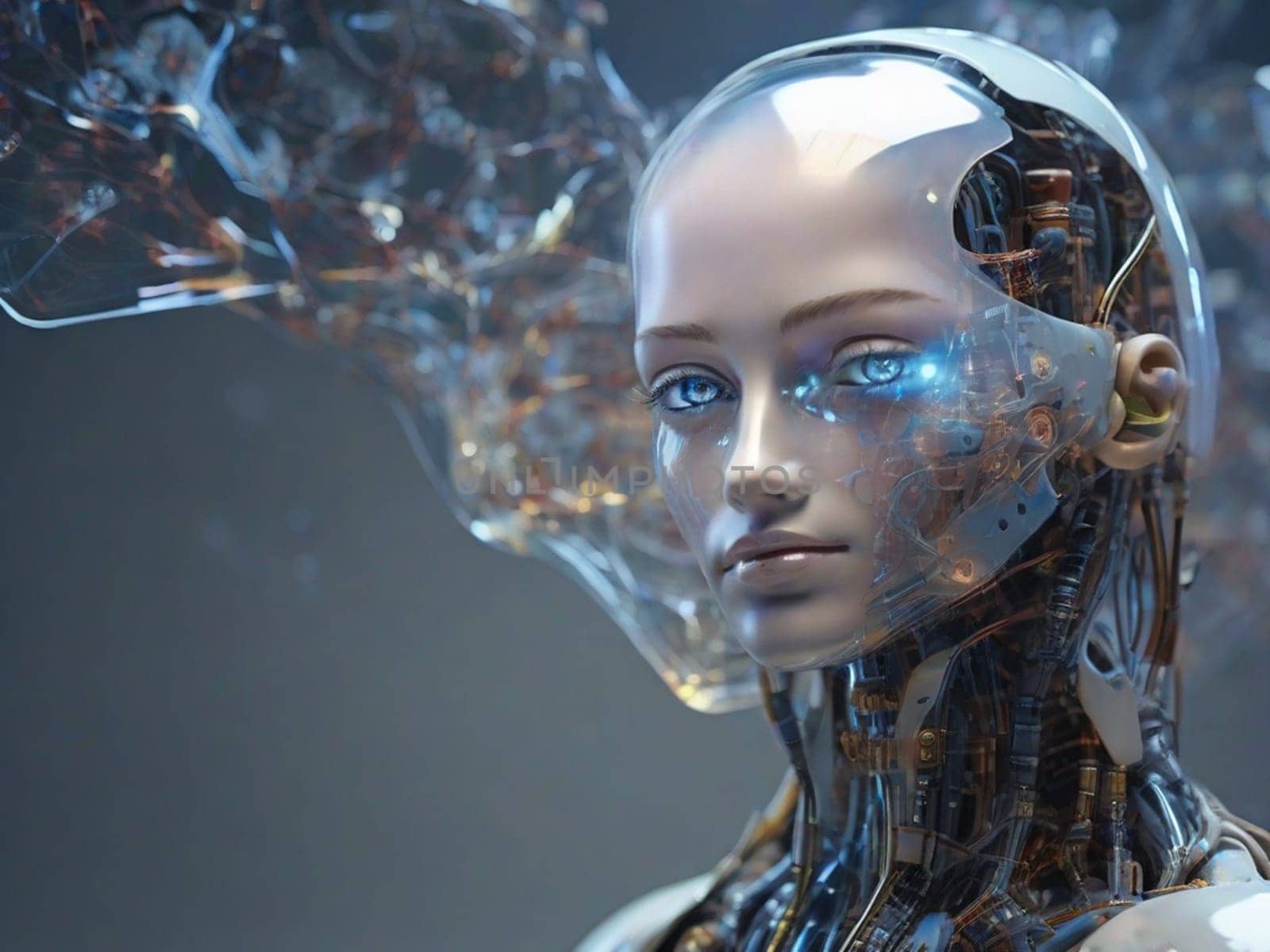 Side view of a humanoid robot head with blue eyes and a neural network, representing futuristic technology and artificial intelligence. by Ekaterina34