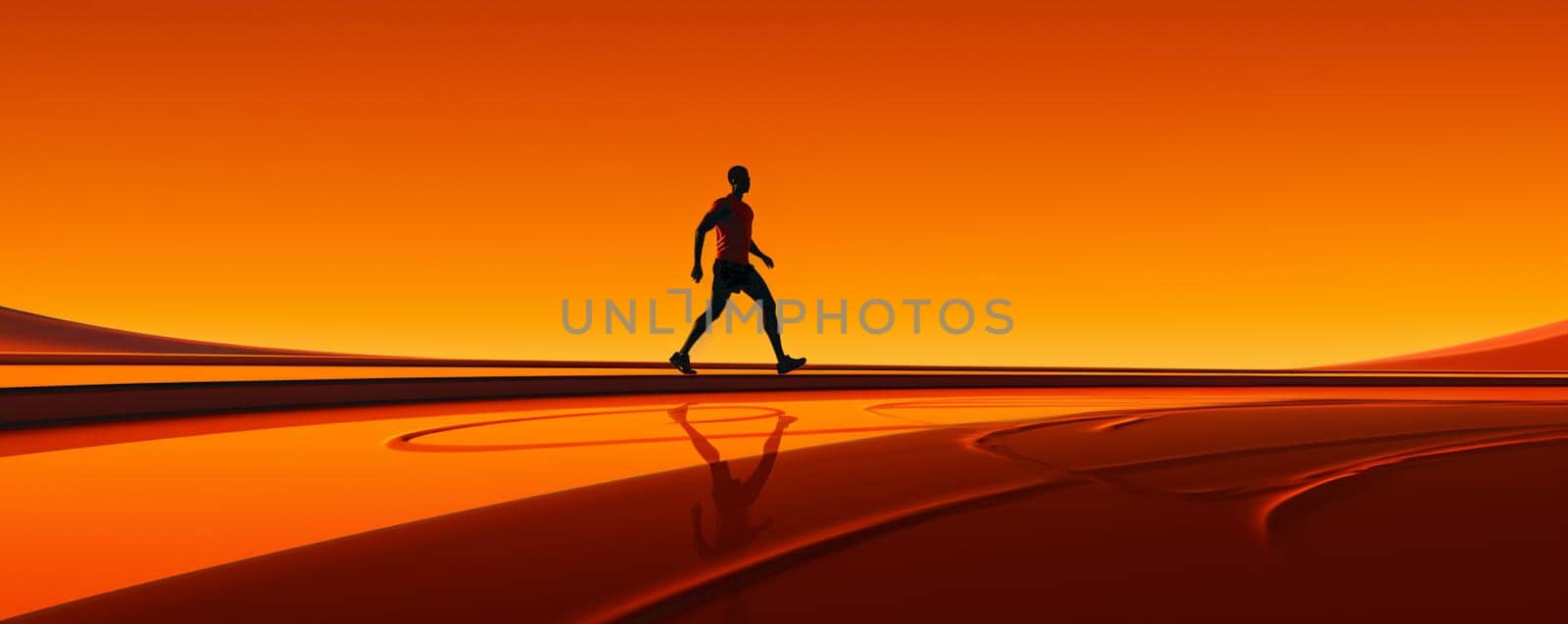 A silhouetted man runs across a dune at sunset with an exotic desert backdrop. by Andelov13