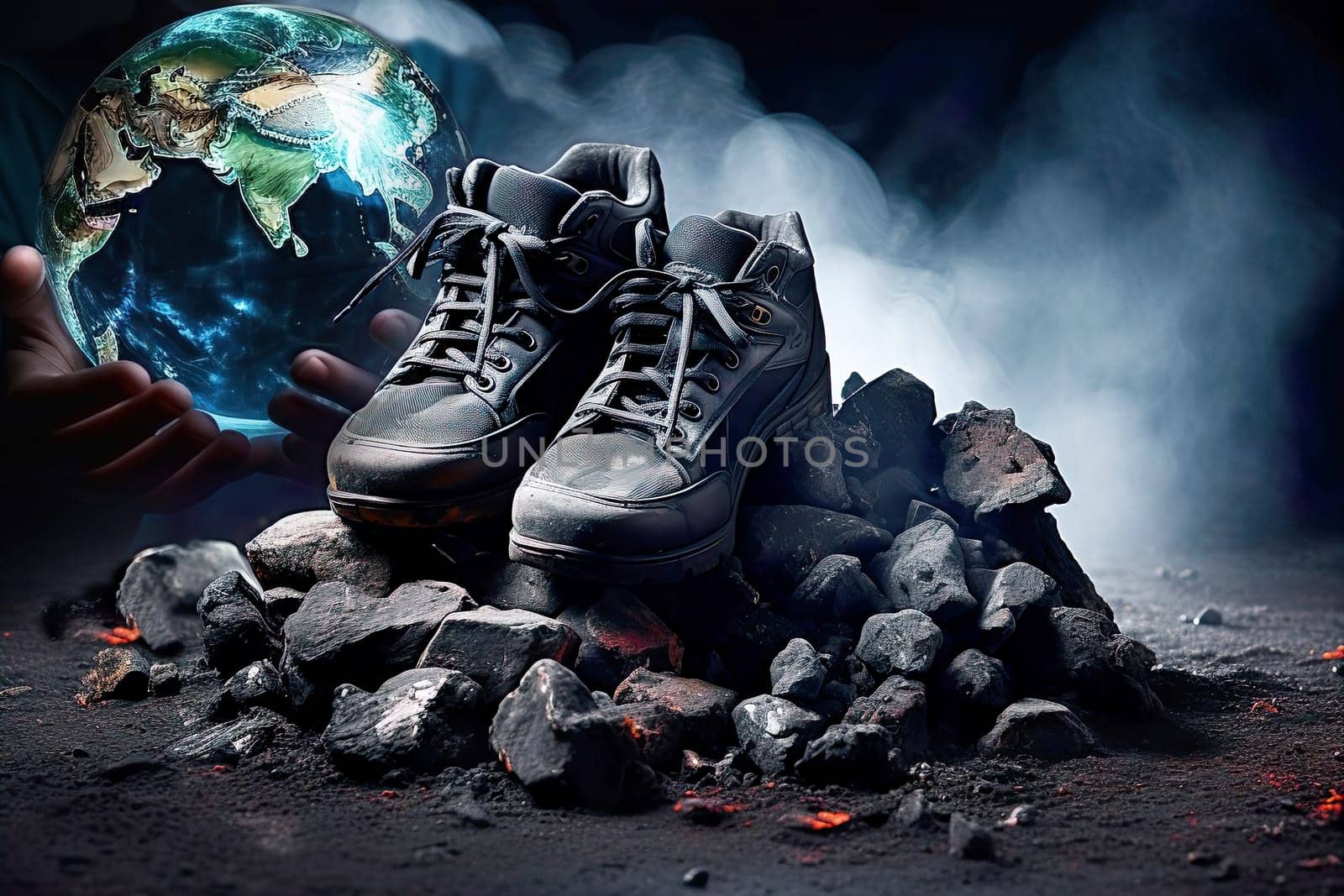 Worn out shoes stand on top of a pile of burning coal, symbolizing the consumer attitude towards the planet, the carbon footprint. Child holds the globe in his hands, saving the Earth for future generations. Concepts of carbon neutrality and ESG. Carbon dioxide emissions, global warming