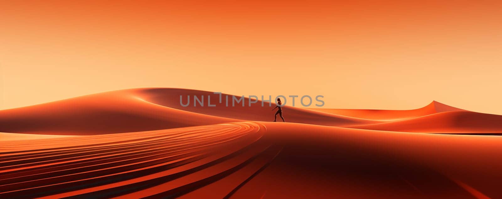 A silhouetted man runs across a dune at sunset with an exotic desert backdrop. by Andelov13