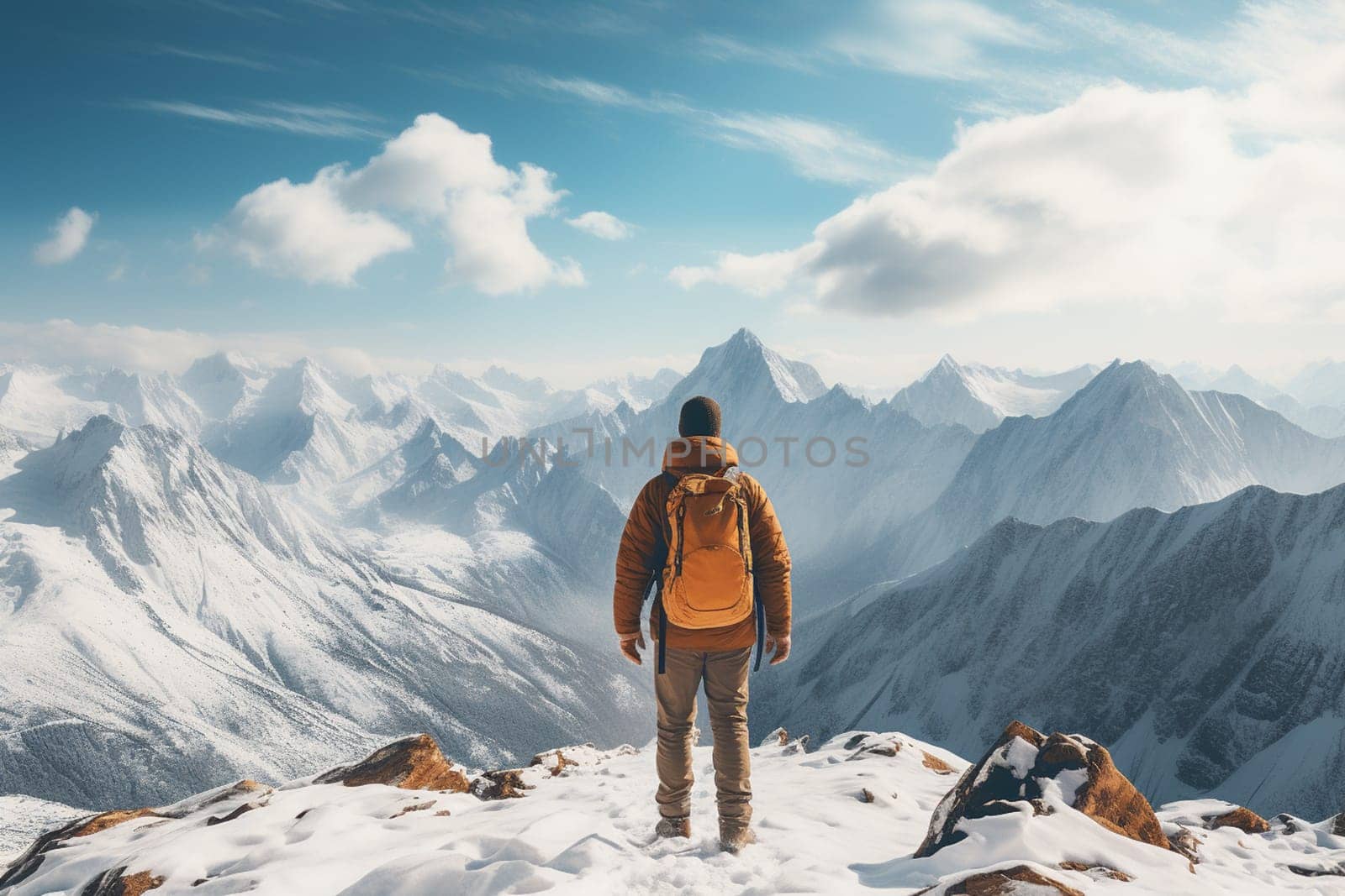 Digital painting of a man hiking in the snow. by Andelov13