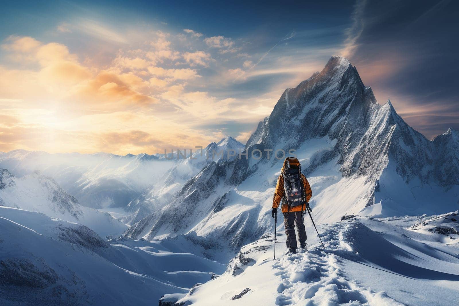 Digital painting of a man hiking in the snow. High quality photo