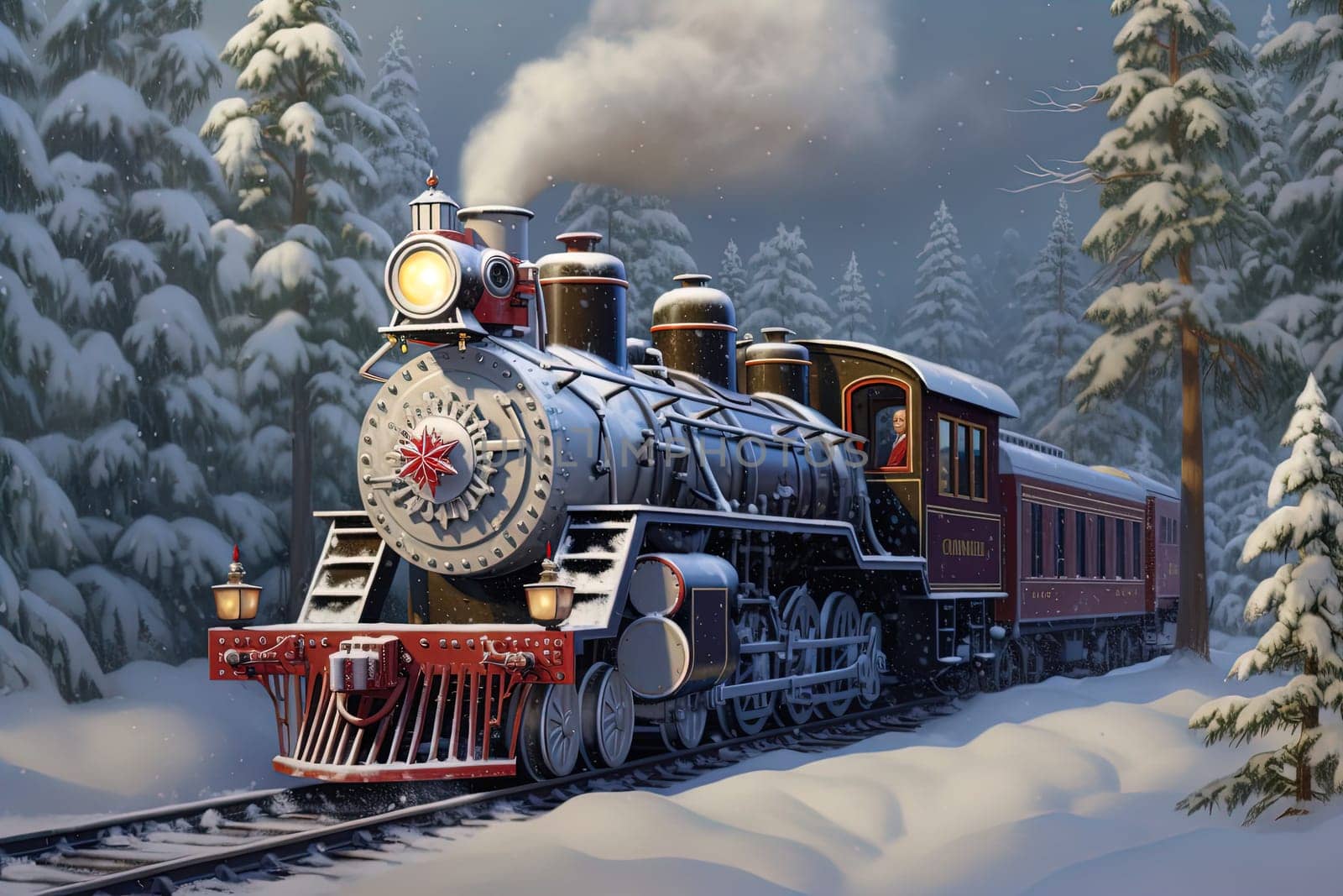 vintage steam-powered Christmas train travels through a snowy forest. Christmas, New Year greeting card. by Proxima13