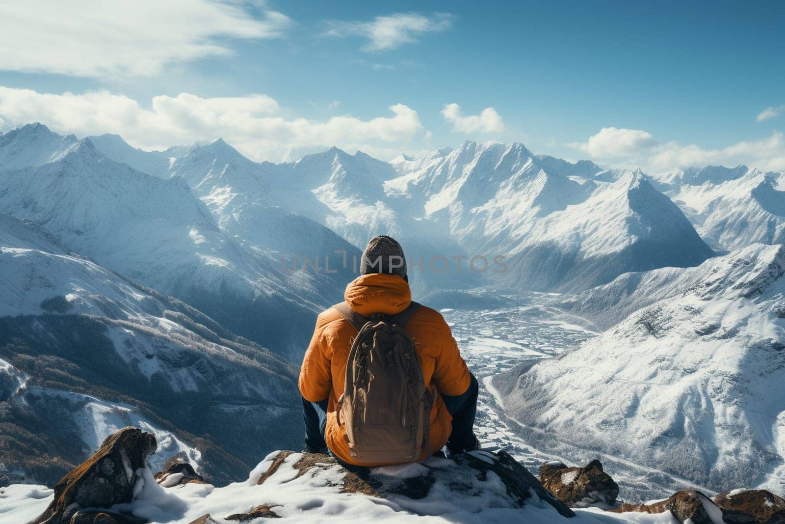 Digital painting of a man hiking in the snow. High quality photo