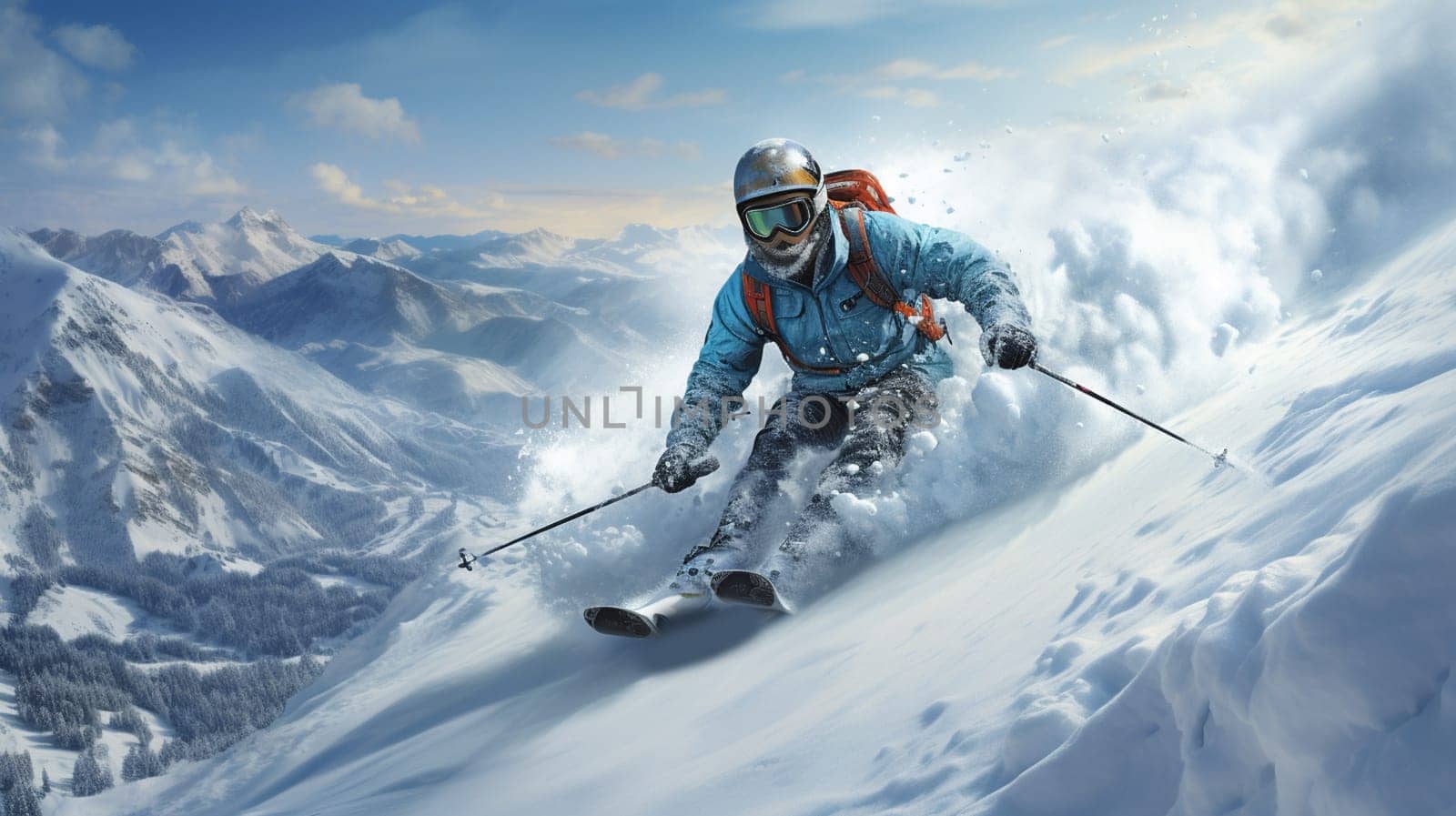 Sliding professional skier in orange warm sport suit with googles. Extreme downhill. Scenic picturesque mountain landscape. Winter holiday resort and vacation. High quality photo