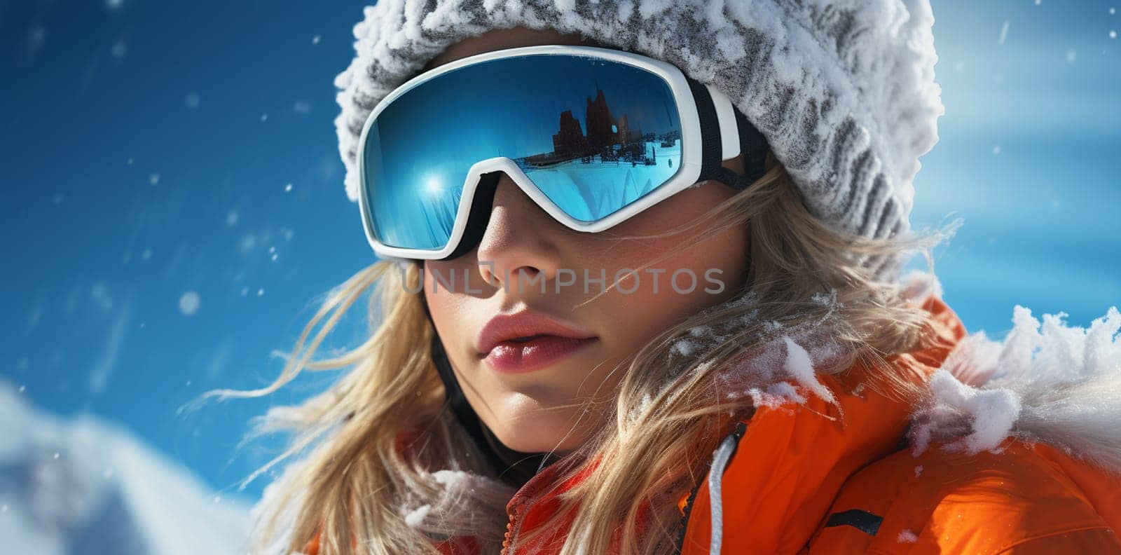 Beautiful young girl in winter clothes and dressed in fur hood and snowboard goggles. by Andelov13