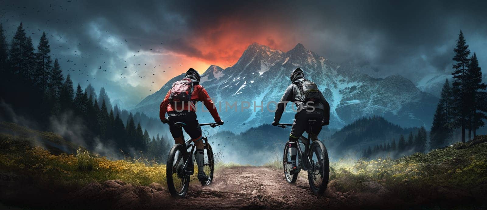 Cycling outdoor adventure in Dolomites. Cycling woman and man on electric mountain bikes in Dolomites landscape. Couple cycling MTB enduro trail track. Outdoor sport activity. by Andelov13