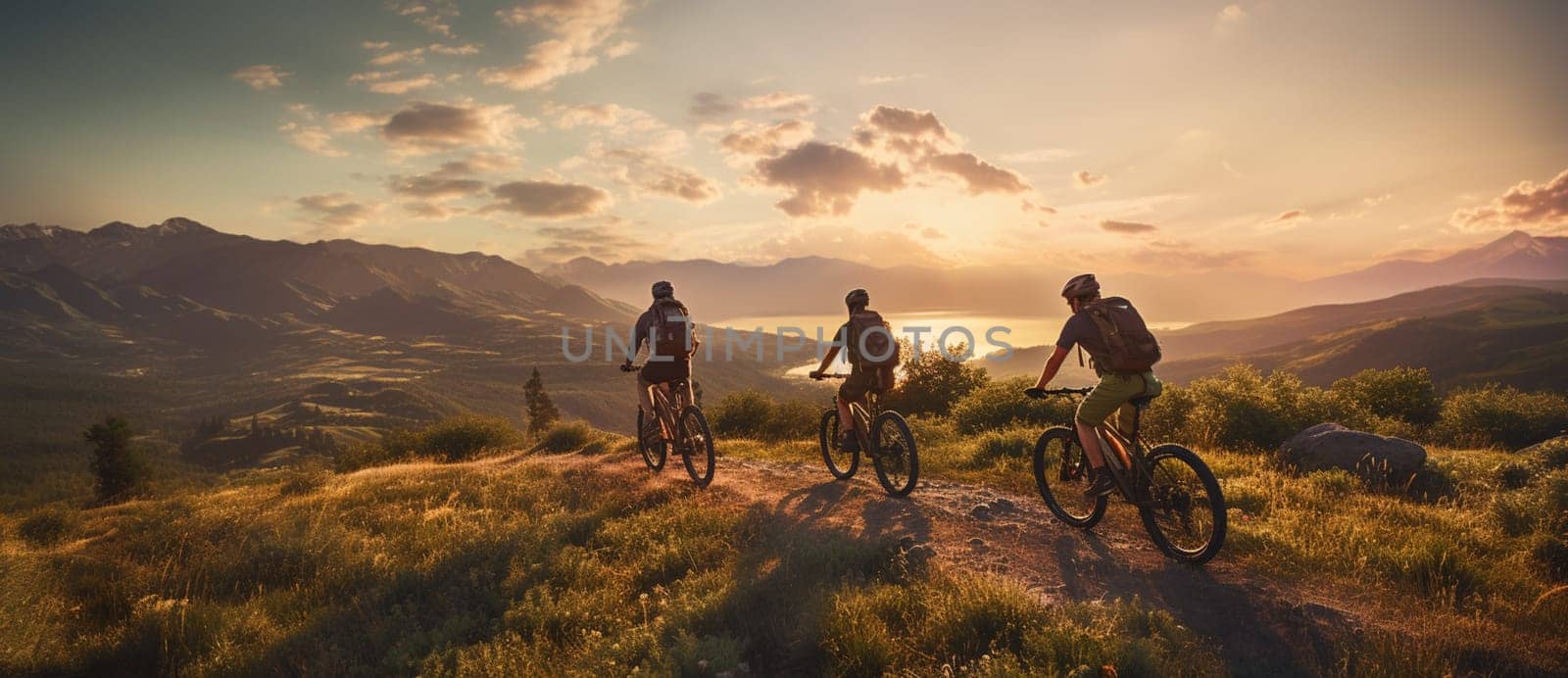 Cycling outdoor adventure in Dolomites. Cycling woman and man on electric mountain bikes in Dolomites landscape. Couple cycling MTB enduro trail track. Outdoor sport activity. High quality photo