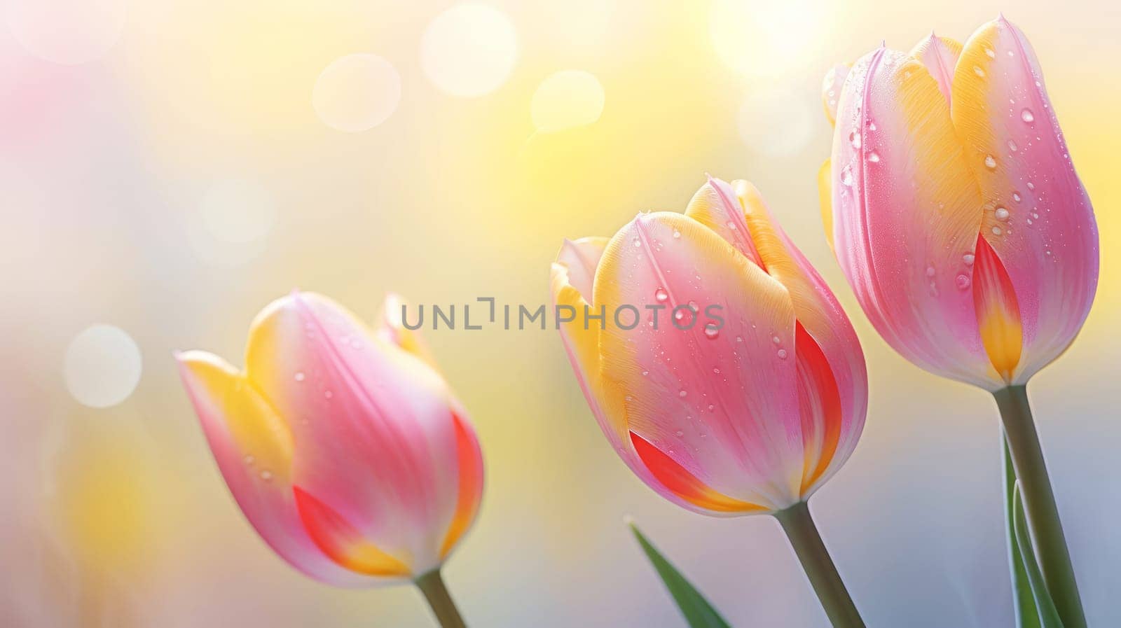 Bouquet of bright pink tulip buds on a dark background, AI generated.