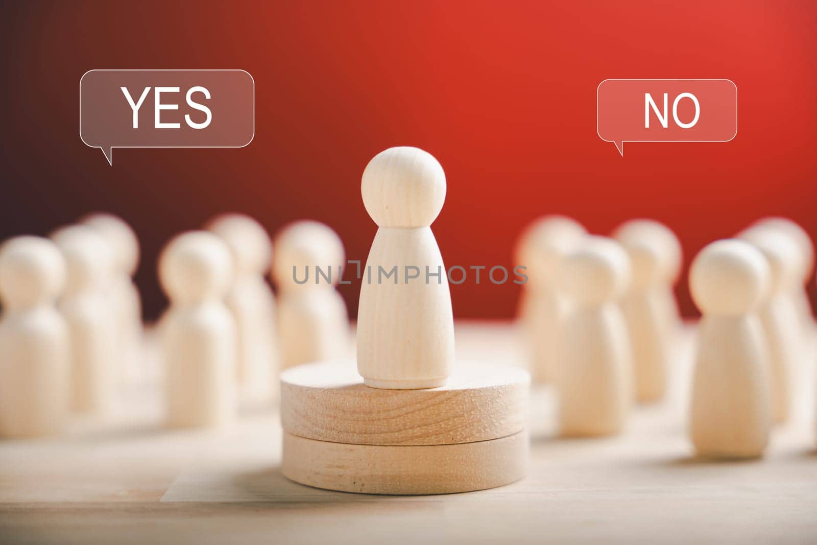 Wooden figures stand on a cube displaying yes or no symbols. Signifying open-mindedness in elections with volunteers and constituency participation. Think With Yes Or No Choice.