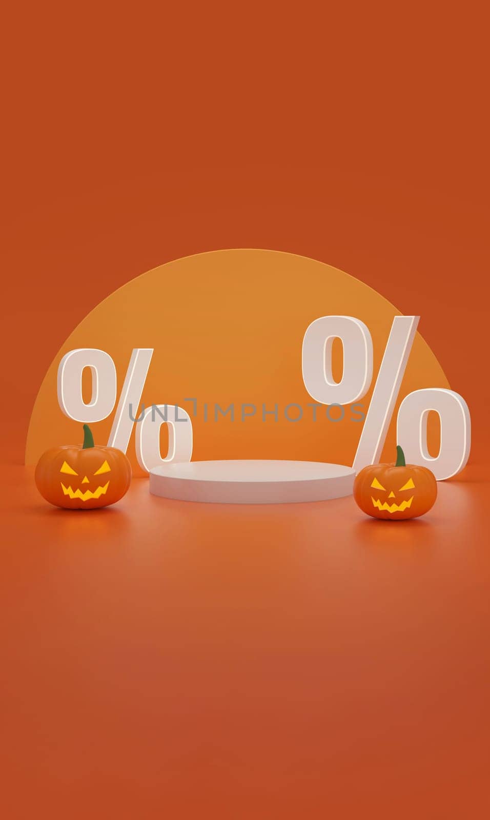 Happy Halloween sale display podium with cartoon pumpkin on orange background, copy space text. by ImagesRouges