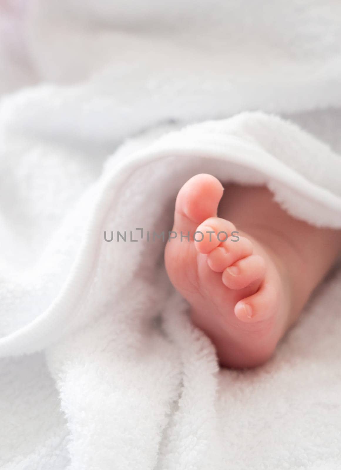 A heartwarming image showcasing the fragile foot of a newborn, subtly revealed from beneath a comforting white towel