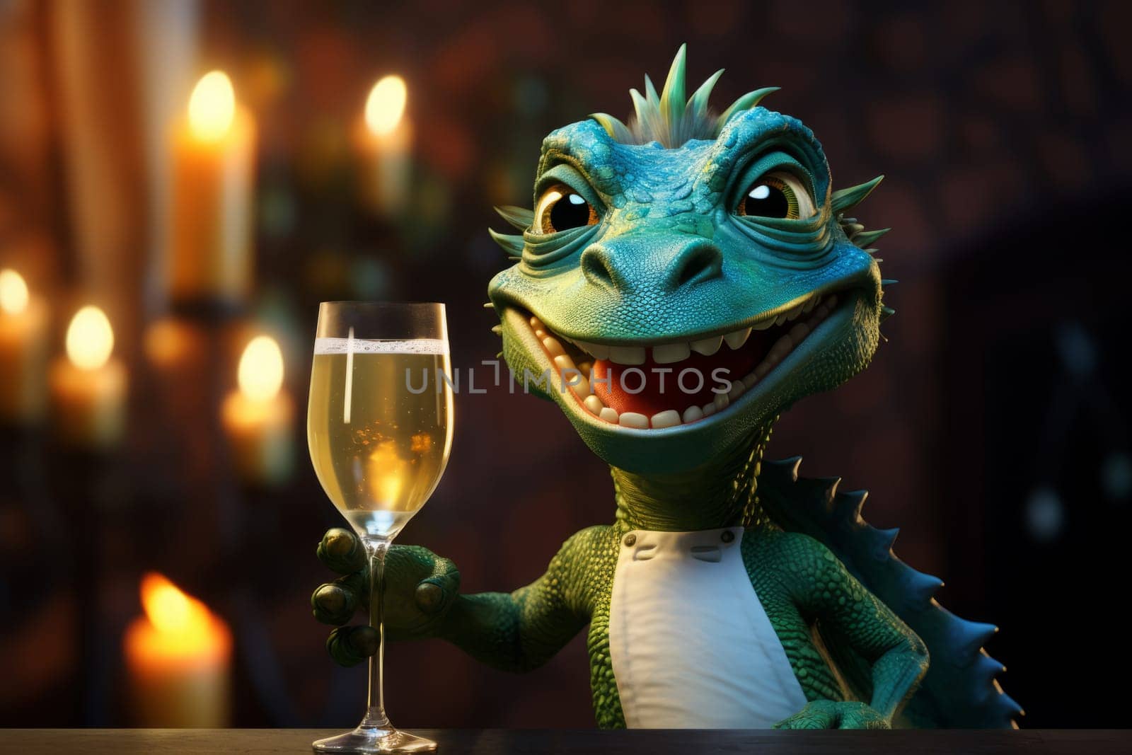 Photo of happy green dragon with champagne on decorated christmas tree background