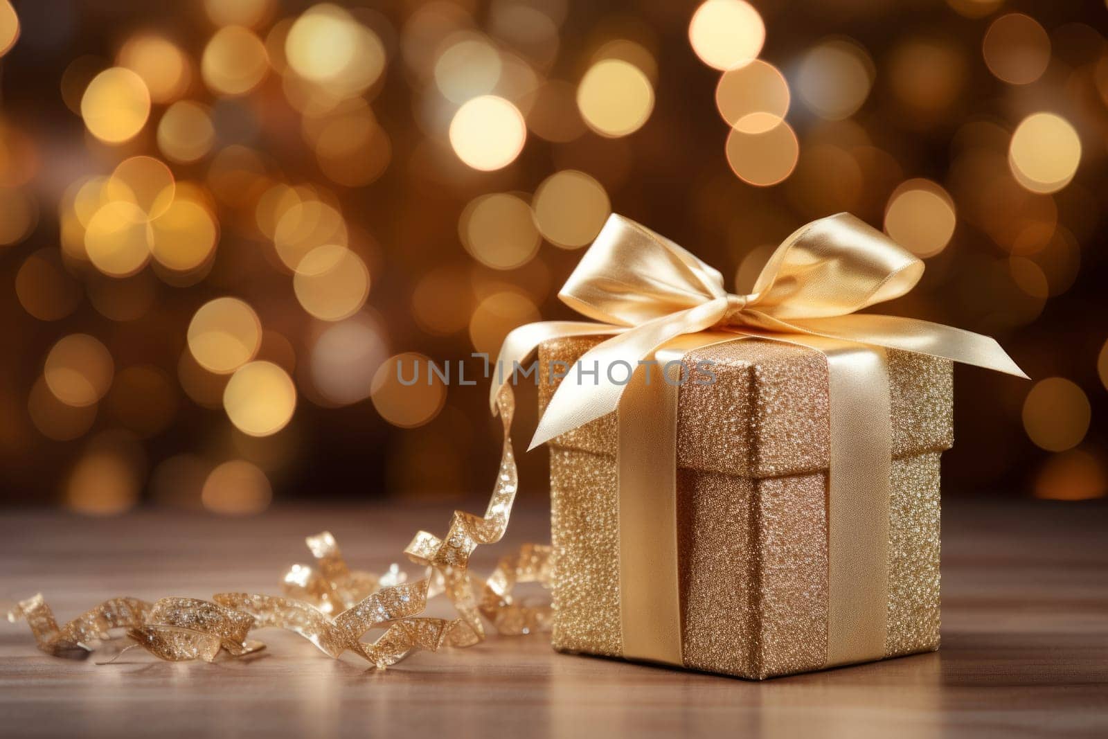 Holidays golden gift box with ribbons on bokeh holiday backgrounds