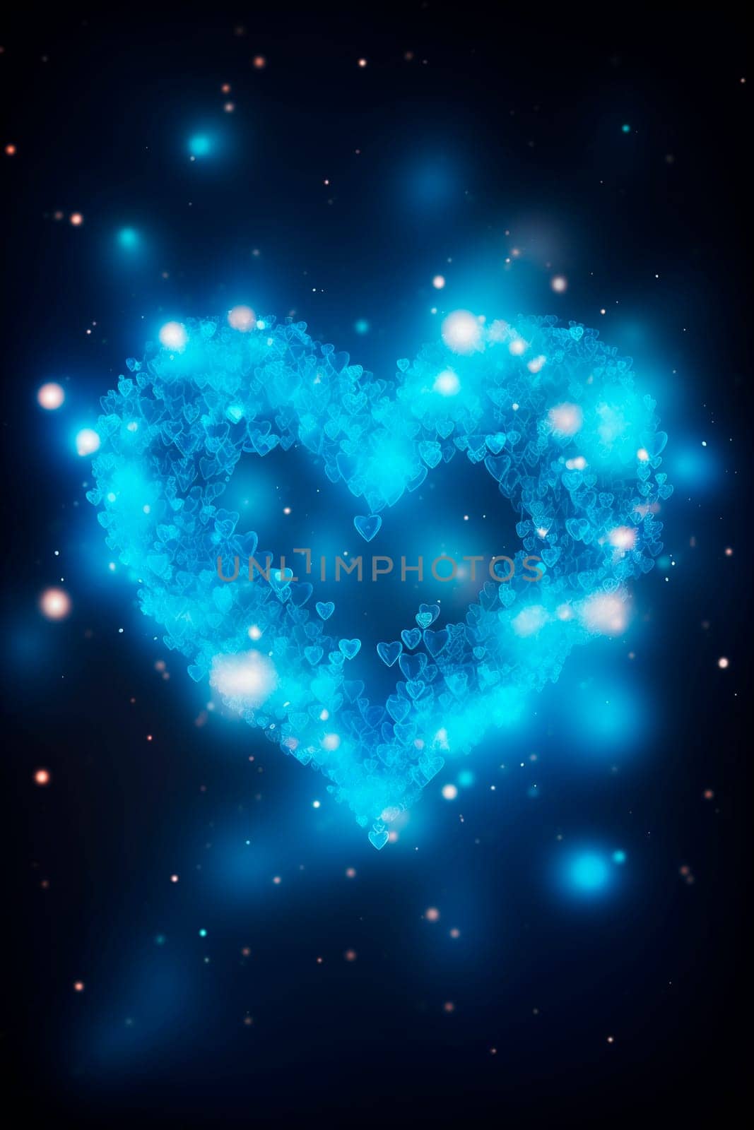 Blue bokeh heart sparkling on a dark background. Selective focus. Holiday.