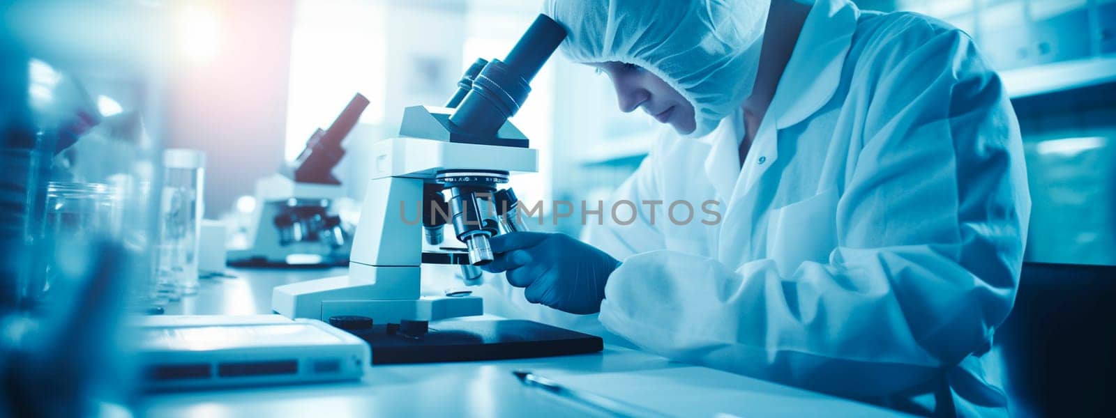 A man in a laboratory looks through a microscope. Selective focus. people.